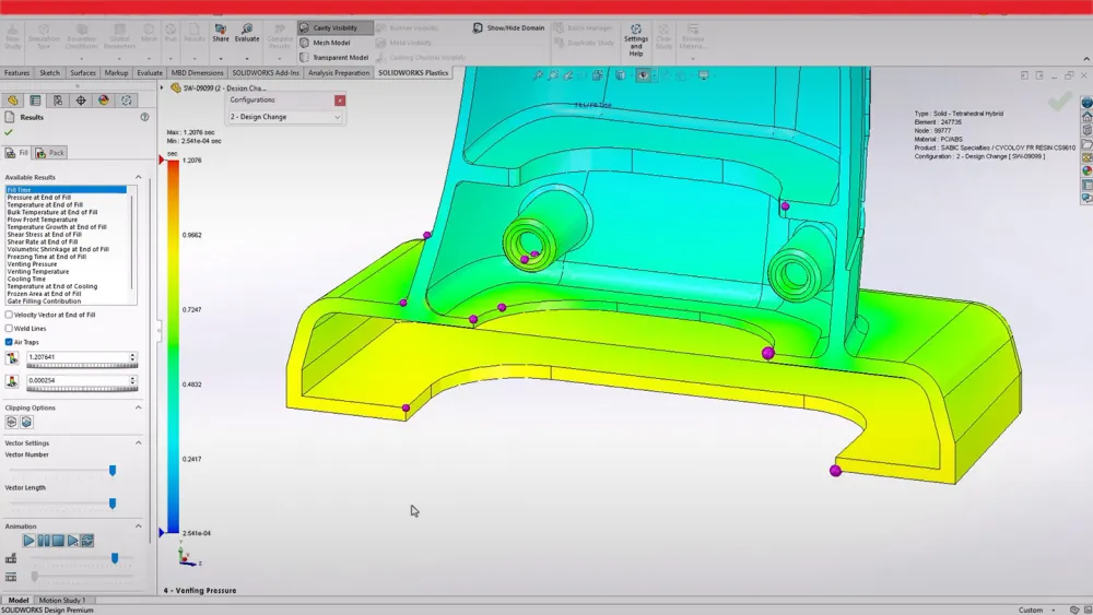 Screenshot of SOLIDWORKS Simulation showing 3D model of part with Simulation data