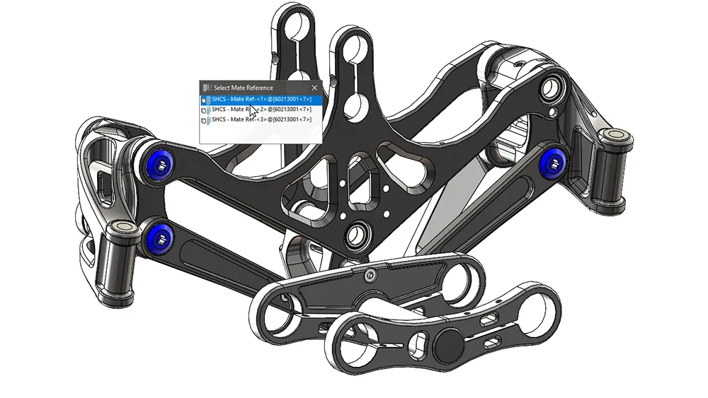 SOLIDWORKS 3D-Modell von Teilen mit Verknüpfungsreferenzen